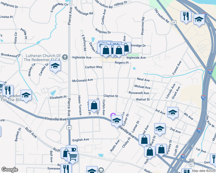 map of restaurants, bars, coffee shops, grocery stores, and more near 247 Corbin Avenue in Macon