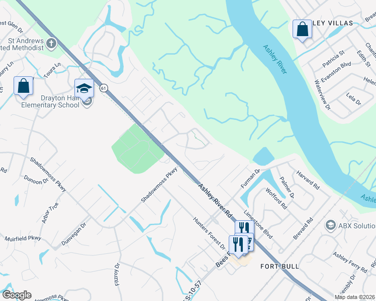 map of restaurants, bars, coffee shops, grocery stores, and more near 523 Shem Butler Court in Charleston