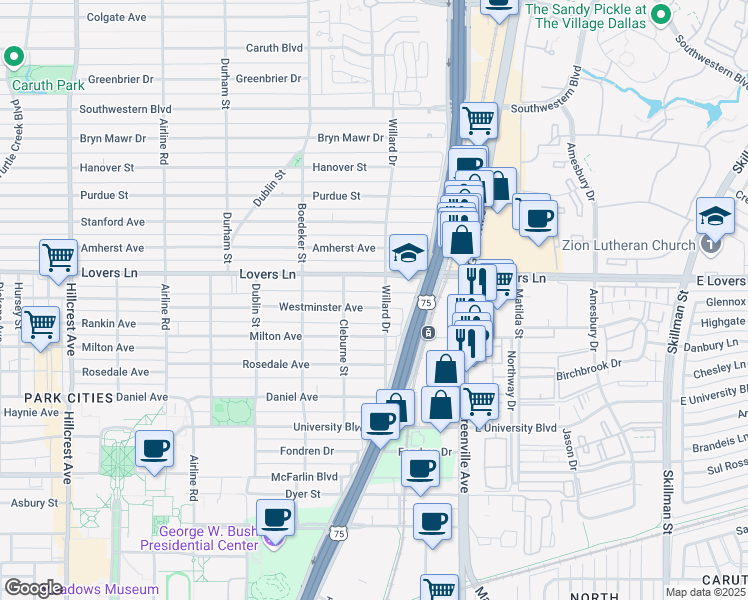 map of restaurants, bars, coffee shops, grocery stores, and more near 2708 Westminster Avenue in Dallas