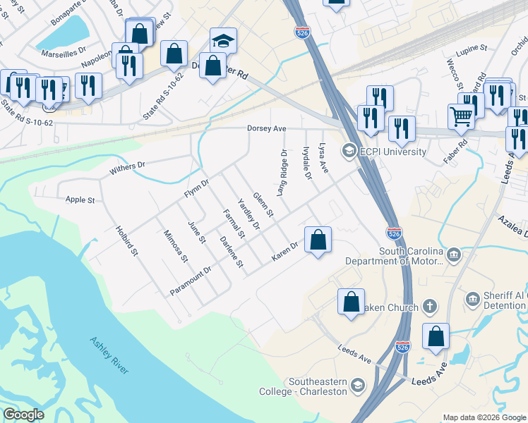 map of restaurants, bars, coffee shops, grocery stores, and more near 4715 Glenn Street in North Charleston