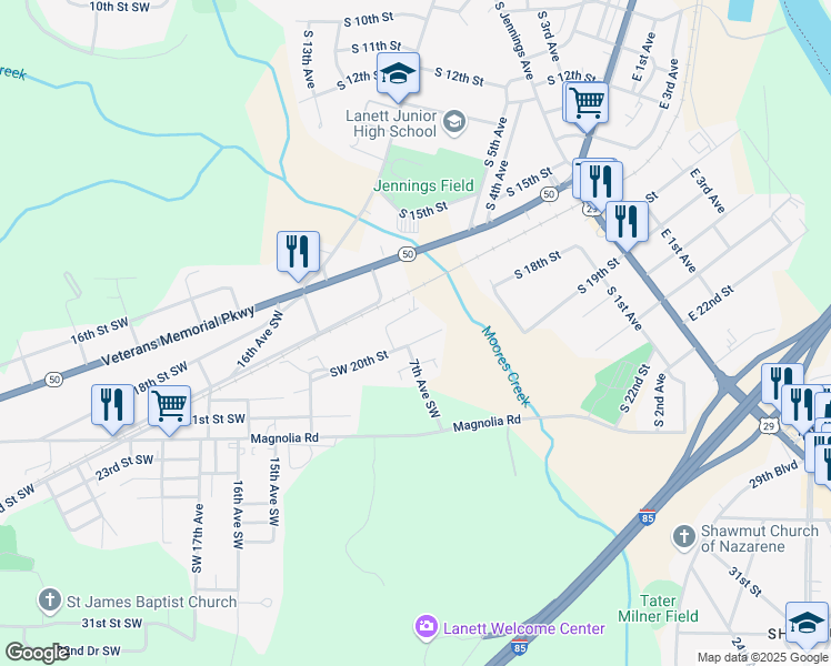 map of restaurants, bars, coffee shops, grocery stores, and more near 634 Southwest 20th Street in Lanett