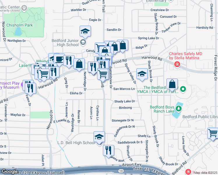 map of restaurants, bars, coffee shops, grocery stores, and more near 2509 Summitview Drive in Bedford