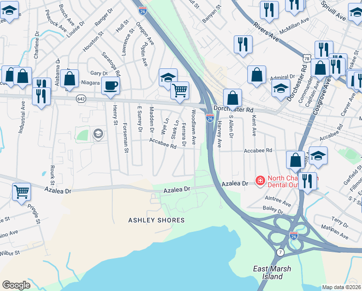 map of restaurants, bars, coffee shops, grocery stores, and more near 3179 Accabee Road in North Charleston