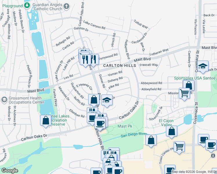 map of restaurants, bars, coffee shops, grocery stores, and more near 9512 Domer Road in Santee