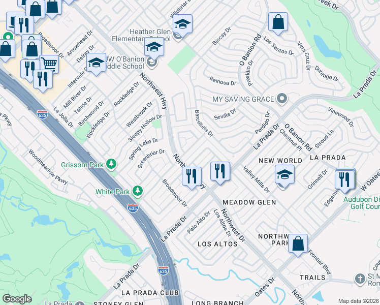 map of restaurants, bars, coffee shops, grocery stores, and more near 725 Briar Way in Garland