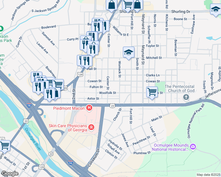 map of restaurants, bars, coffee shops, grocery stores, and more near 735 Center Street in Macon