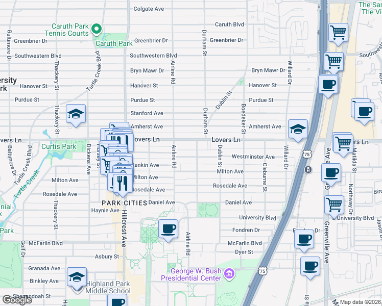 map of restaurants, bars, coffee shops, grocery stores, and more near 3108 Westminster Avenue in Dallas