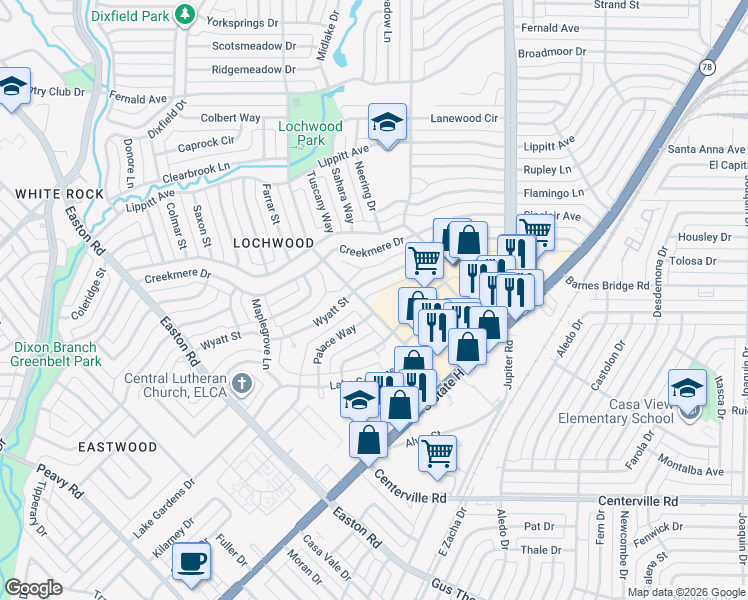 map of restaurants, bars, coffee shops, grocery stores, and more near 11360 Lochwood Boulevard in Dallas