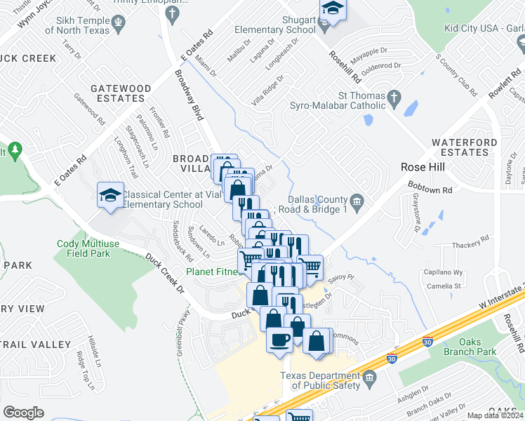 map of restaurants, bars, coffee shops, grocery stores, and more near 54 Karen Street in Garland