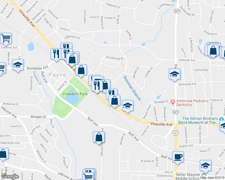 map of restaurants, bars, coffee shops, grocery stores, and more near 3031 Ridge Avenue in Macon