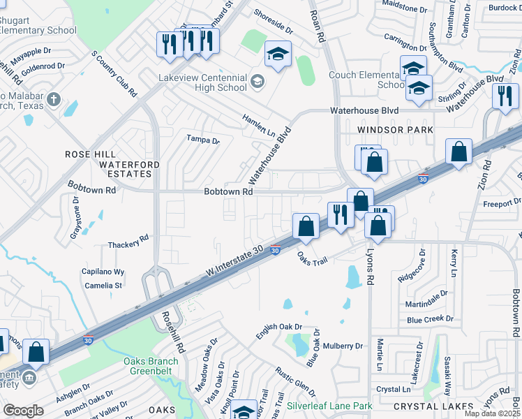 map of restaurants, bars, coffee shops, grocery stores, and more near 3610 Bobtown Road in Garland