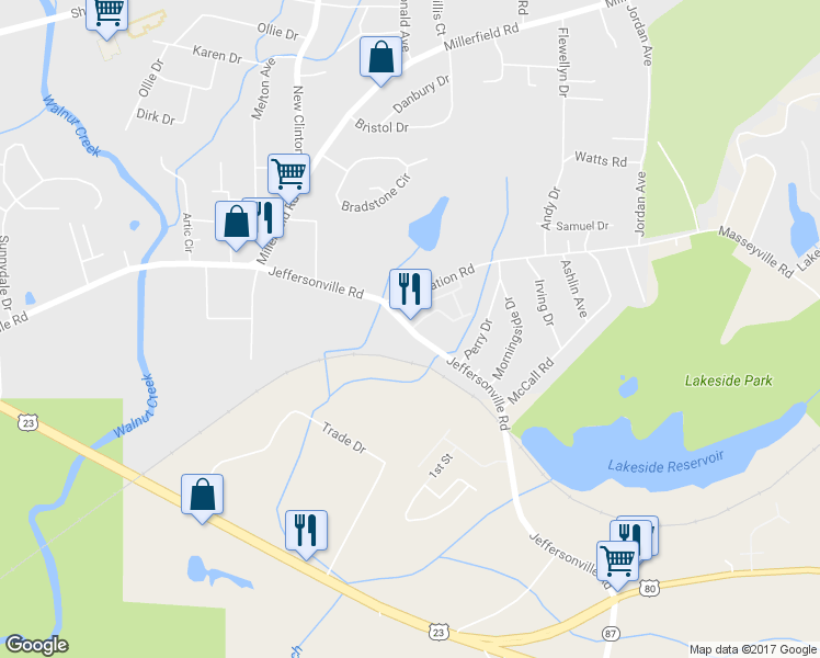 map of restaurants, bars, coffee shops, grocery stores, and more near 2295 Jeffersonville Rd in Macon