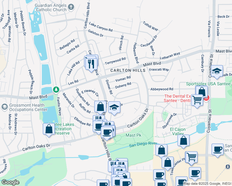 map of restaurants, bars, coffee shops, grocery stores, and more near 9410 Pike Road in Santee
