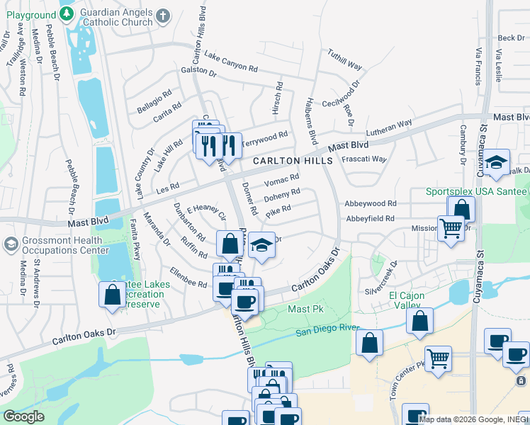 map of restaurants, bars, coffee shops, grocery stores, and more near 9410 Pike Road in Santee