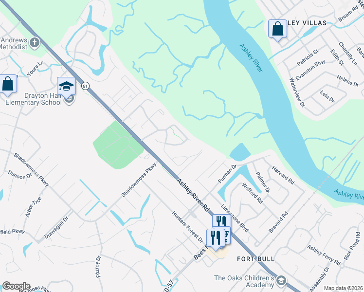 map of restaurants, bars, coffee shops, grocery stores, and more near 539 Shem Butler Court in Charleston