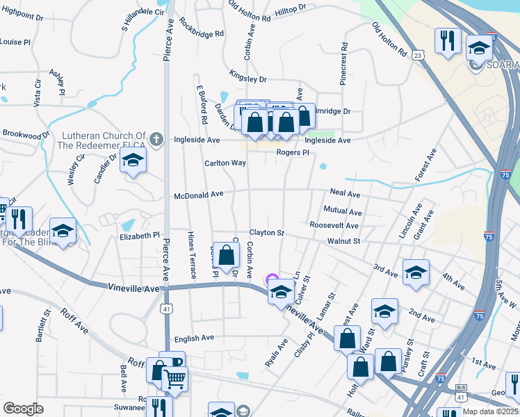 map of restaurants, bars, coffee shops, grocery stores, and more near 247 Corbin Avenue in Macon