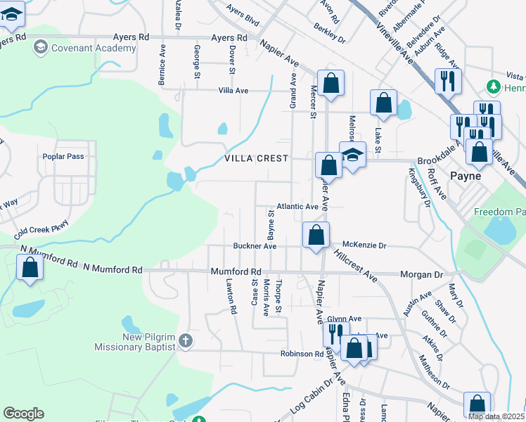 map of restaurants, bars, coffee shops, grocery stores, and more near 3689 Bayne Street in Macon