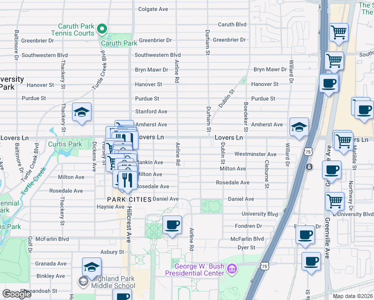 map of restaurants, bars, coffee shops, grocery stores, and more near 3108 Westminster Avenue in Dallas