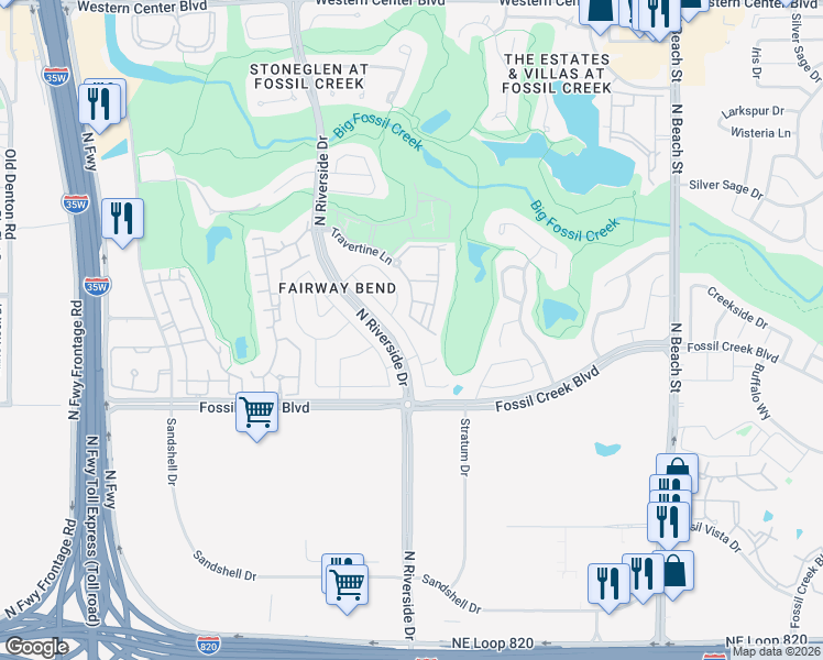 map of restaurants, bars, coffee shops, grocery stores, and more near 5849 Stream Drive in Fort Worth