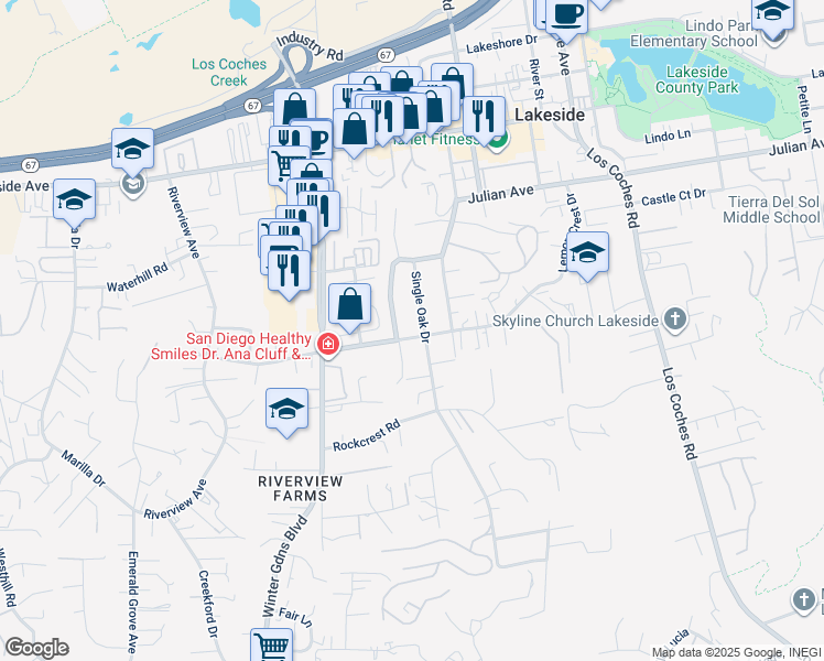 map of restaurants, bars, coffee shops, grocery stores, and more near 12224 Lemon Crest Drive in Lakeside