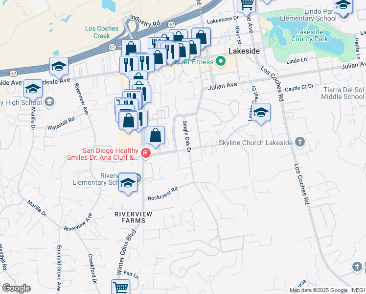 map of restaurants, bars, coffee shops, grocery stores, and more near 12224 Lemon Crest Drive in Lakeside