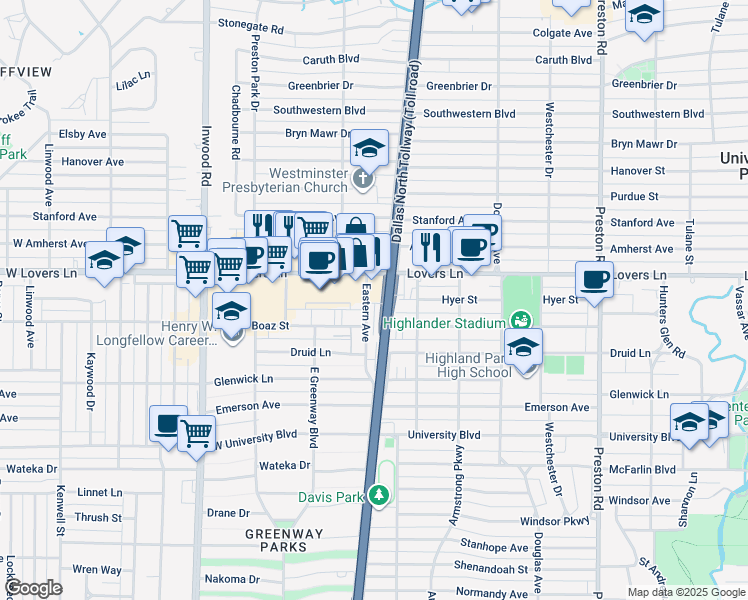 map of restaurants, bars, coffee shops, grocery stores, and more near 7790 Eastern Avenue in Dallas