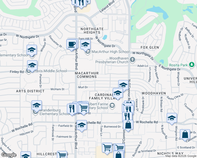 map of restaurants, bars, coffee shops, grocery stores, and more near 809 McCoy Drive in Irving