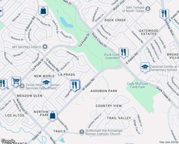 map of restaurants, bars, coffee shops, grocery stores, and more near 306 Larchbrook Drive in Garland