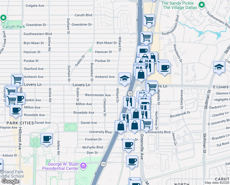 map of restaurants, bars, coffee shops, grocery stores, and more near 2708 Westminster Avenue in Dallas