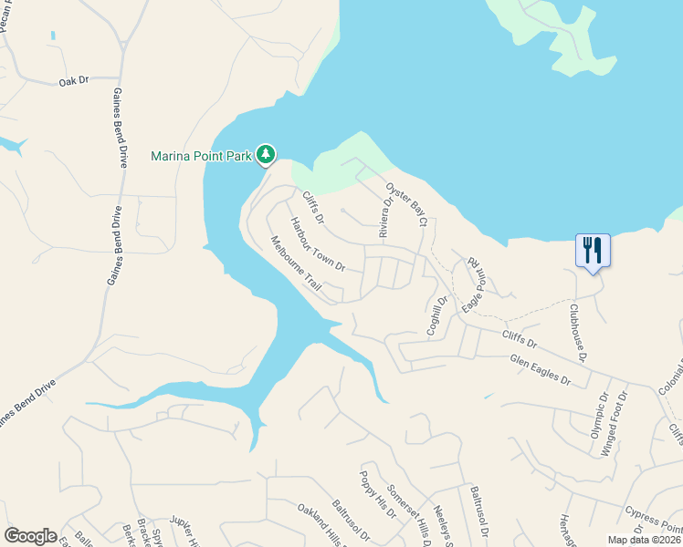 map of restaurants, bars, coffee shops, grocery stores, and more near 120 Bel-Air Loop in Graford