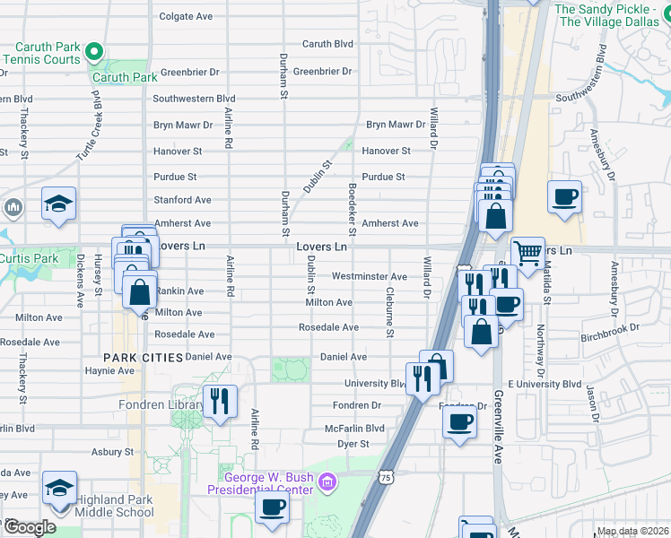 map of restaurants, bars, coffee shops, grocery stores, and more near 2916 Westminster Avenue in Dallas