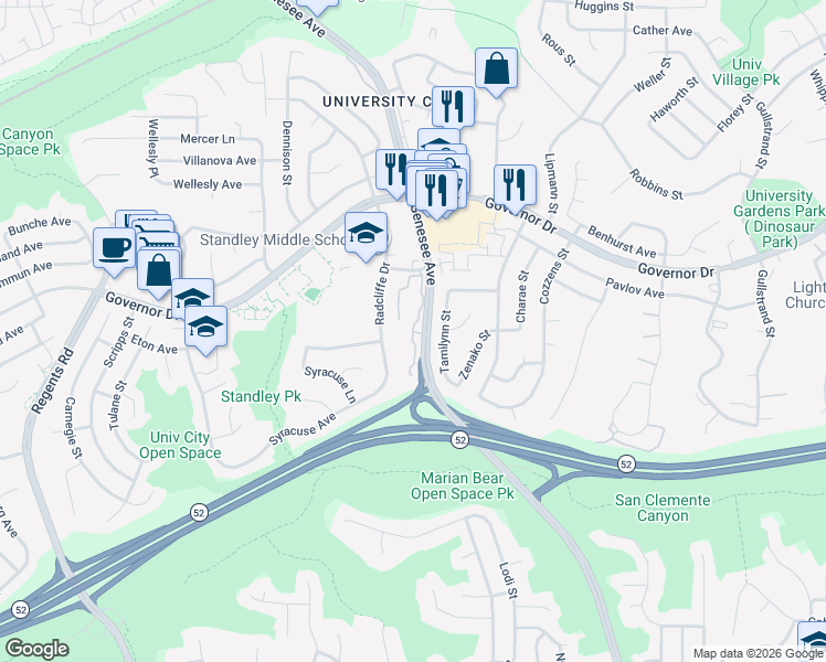 map of restaurants, bars, coffee shops, grocery stores, and more near 4351 Caminito Araya in San Diego