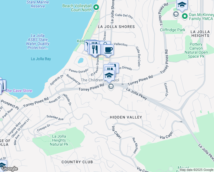 map of restaurants, bars, coffee shops, grocery stores, and more near 2139 Torrey Pines Lane in San Diego