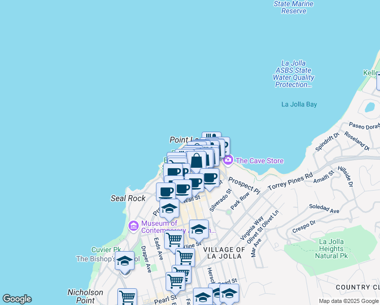 map of restaurants, bars, coffee shops, grocery stores, and more near 1160 Coast Boulevard in San Diego