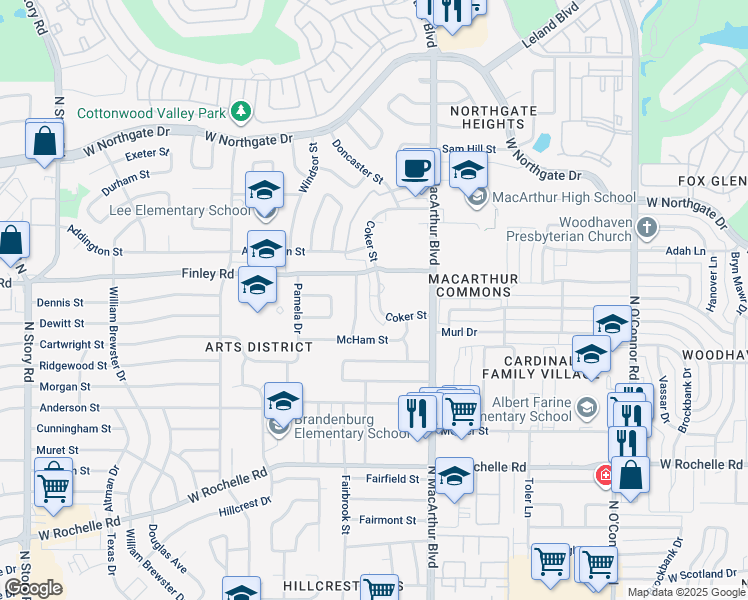 map of restaurants, bars, coffee shops, grocery stores, and more near 3321 Coker Street in Irving