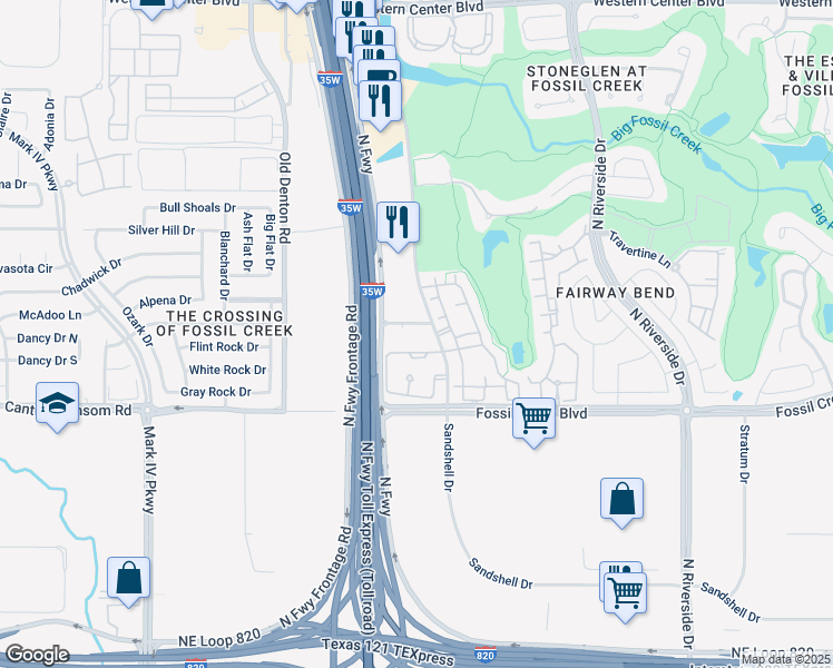 map of restaurants, bars, coffee shops, grocery stores, and more near 5801 Sandshell Drive in Fort Worth
