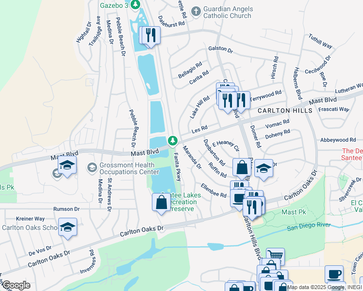 map of restaurants, bars, coffee shops, grocery stores, and more near 9085 Mast Boulevard in Santee