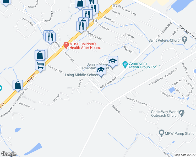 map of restaurants, bars, coffee shops, grocery stores, and more near 1256 Hamlin Road in Mount Pleasant