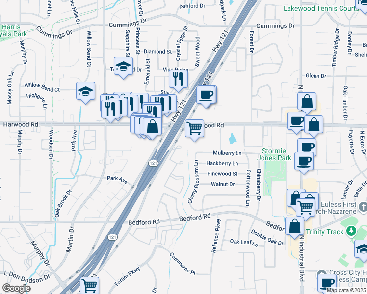 map of restaurants, bars, coffee shops, grocery stores, and more near 2456 Highway 121 in Bedford