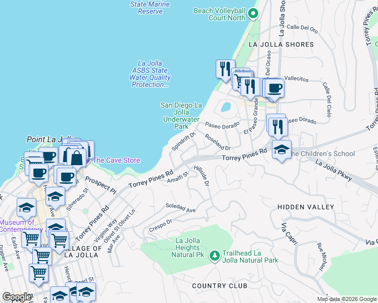 map of restaurants, bars, coffee shops, grocery stores, and more near 1879 Viking Way in San Diego