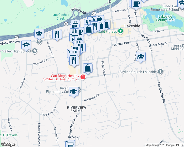 map of restaurants, bars, coffee shops, grocery stores, and more near 12147 Wintergreen Drive in Lakeside