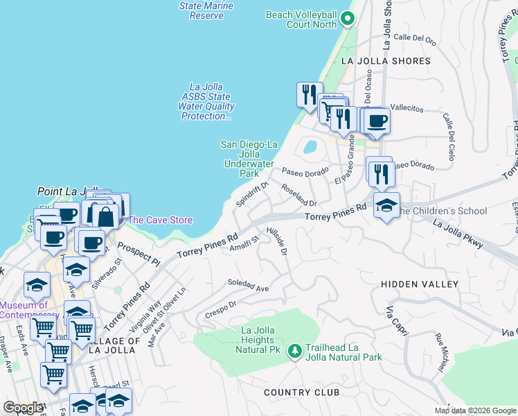 map of restaurants, bars, coffee shops, grocery stores, and more near 1879 Viking Way in San Diego