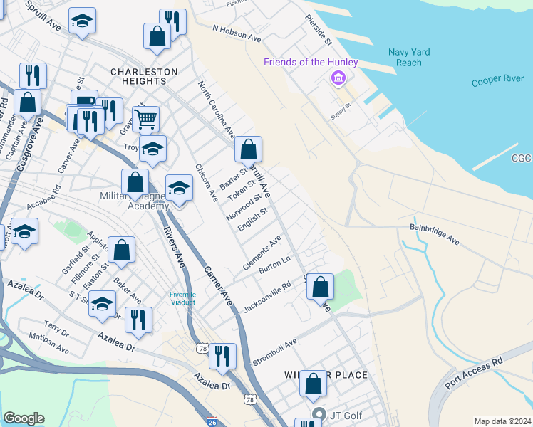 map of restaurants, bars, coffee shops, grocery stores, and more near 1911 English Street in North Charleston