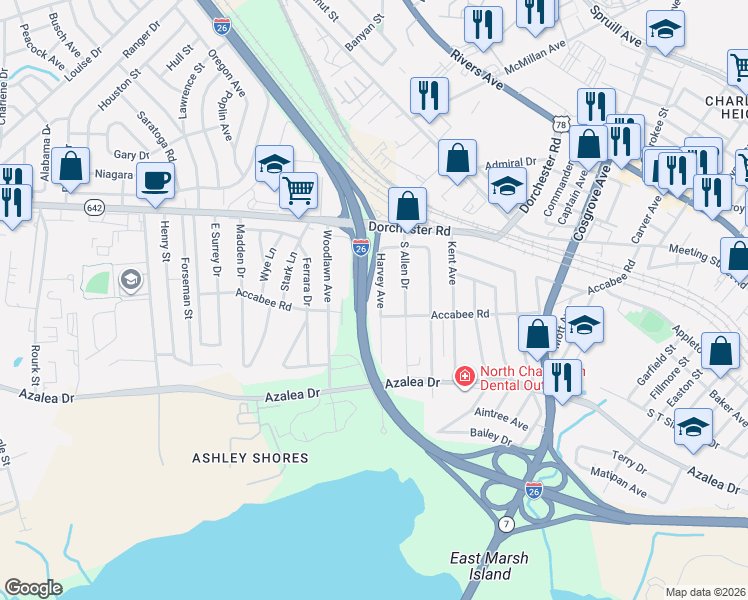 map of restaurants, bars, coffee shops, grocery stores, and more near 2640 Harvey Avenue in North Charleston