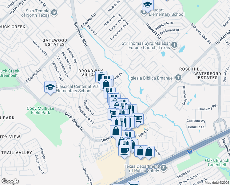 map of restaurants, bars, coffee shops, grocery stores, and more near 54 Karen Street in Garland
