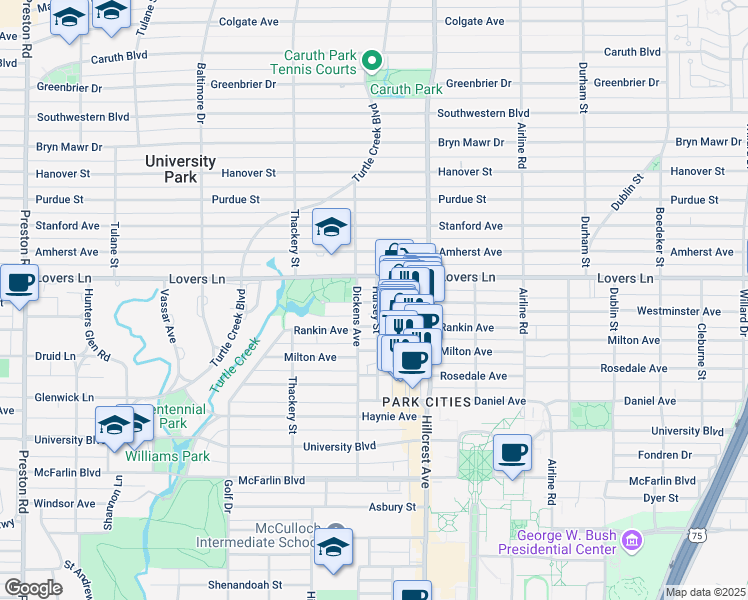 map of restaurants, bars, coffee shops, grocery stores, and more near 3429 Westminster Avenue in Dallas