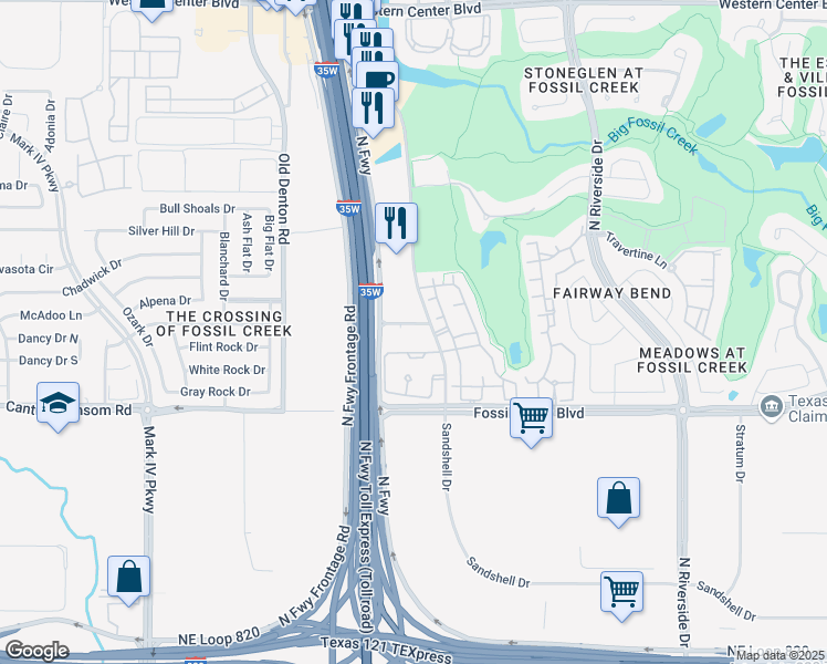 map of restaurants, bars, coffee shops, grocery stores, and more near 5801 Sandshell Drive in Fort Worth