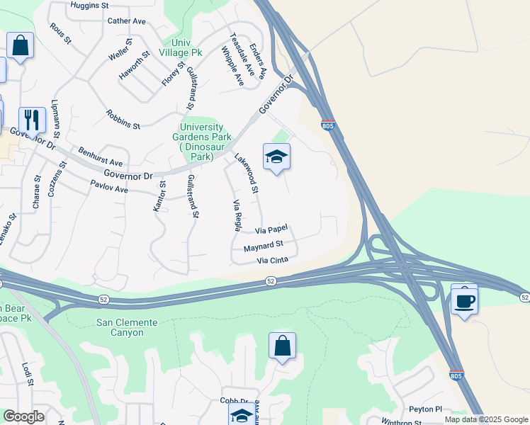 map of restaurants, bars, coffee shops, grocery stores, and more near 5014 Via Papel in San Diego