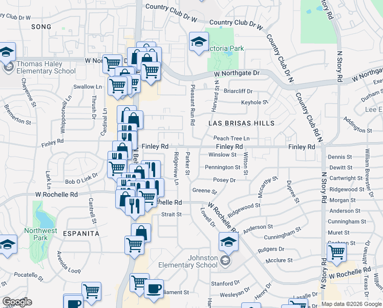 map of restaurants, bars, coffee shops, grocery stores, and more near 3213 Harvard Street North in Irving
