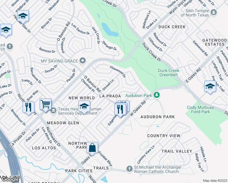 map of restaurants, bars, coffee shops, grocery stores, and more near 417 Larchbrook Drive in Garland
